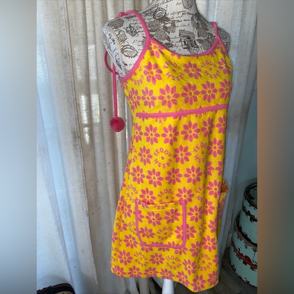 Teddy Fresh Dress Womens Large Yellow Pink Boho Retro Floral Terry Cloth New - Picture 2 of 10